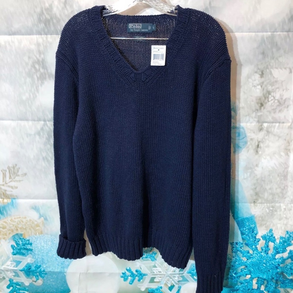 Ralph lauren cable knit vneck sweater L navy NWT